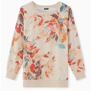TORRID LIGHT TAUPE FLORAL FLEECE RAGLAN SWEATSHIRT